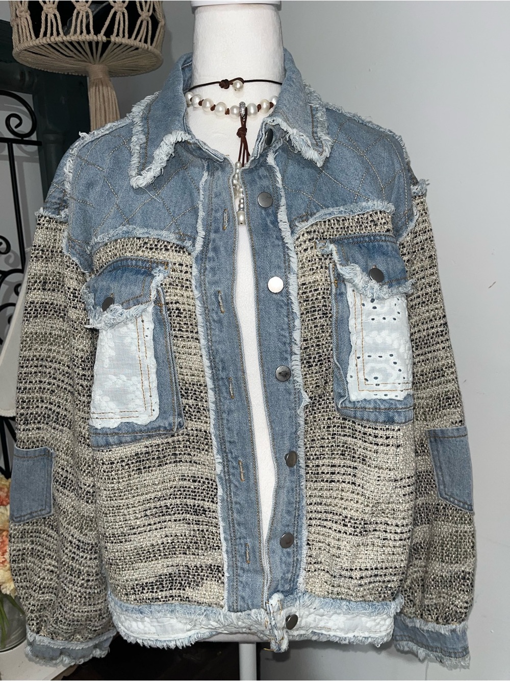 Denim & Knit Mixed-Media Patch Jacket - Light Blue & Cream